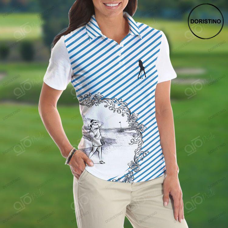 Blue Striped And Sketching Golf Girl Golf Short Sleeve Women Polo Shirt Best Gift For Female Golfers Doristino Polo Shirt|Doristino Awesome Polo Shirt|Doristino Limited Edition Polo Shirt}