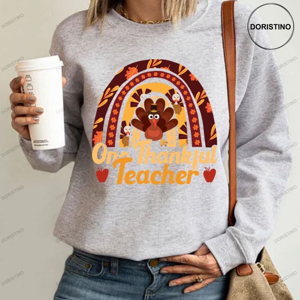 Rainbow Thanksgiving Turkey Design For Teachers One Thankful Teacher Shirt