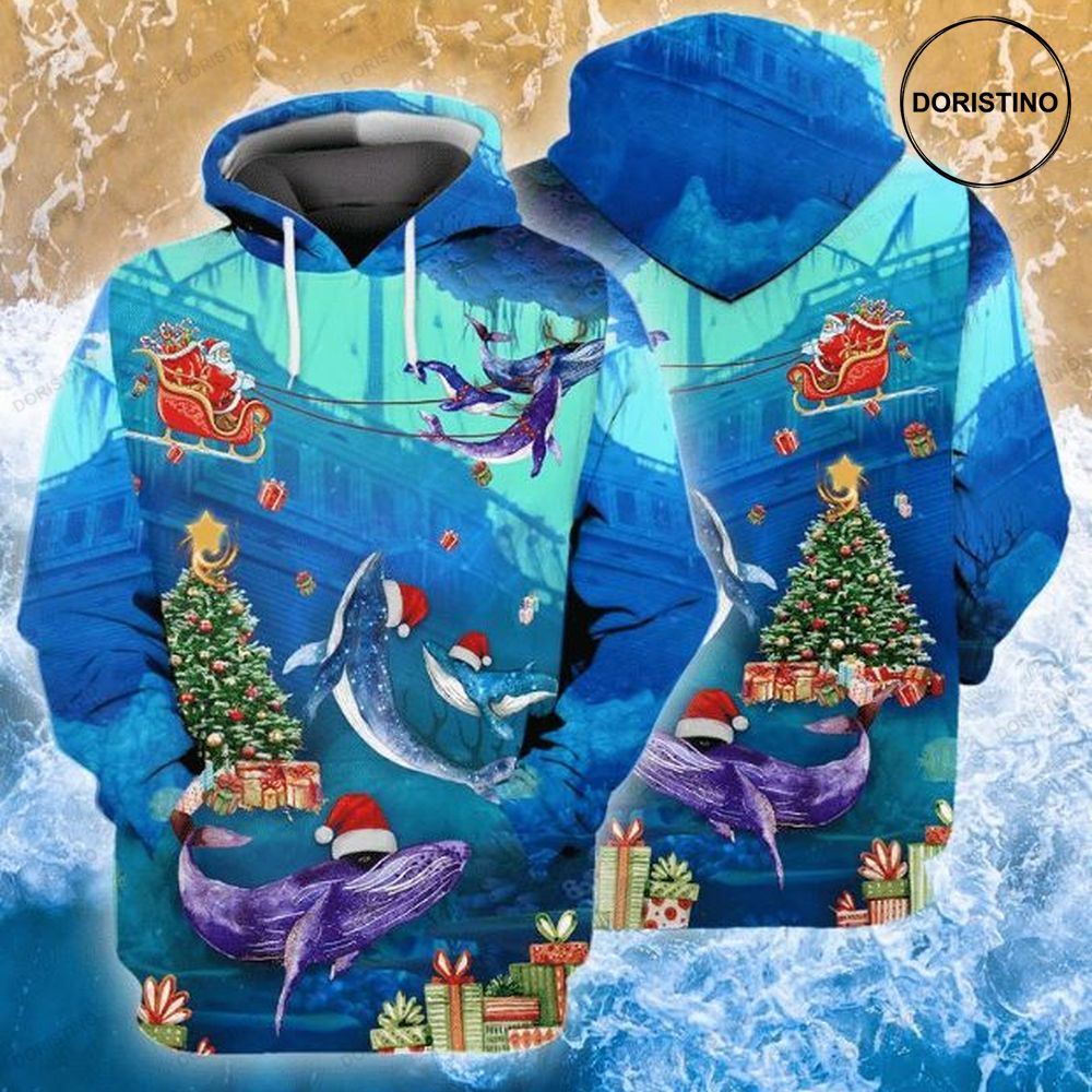 Merry Christmas Santa Claus With Whales Ocean Gift All Over Print Hoodie