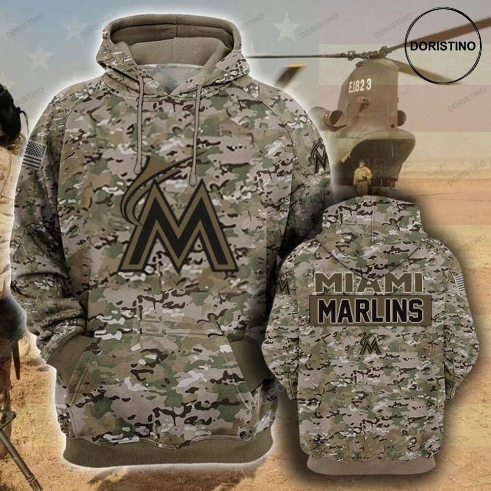 Miami Marlins Camouflage Veteran Cotton All Over Print Hoodie