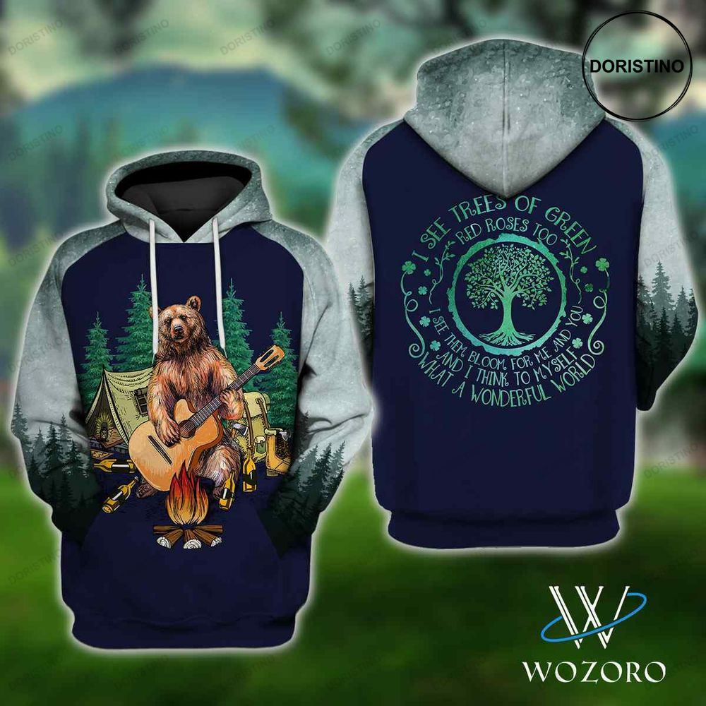 Bear Guitar I See Trees Of Green Camping Awesome 3D Hoodie