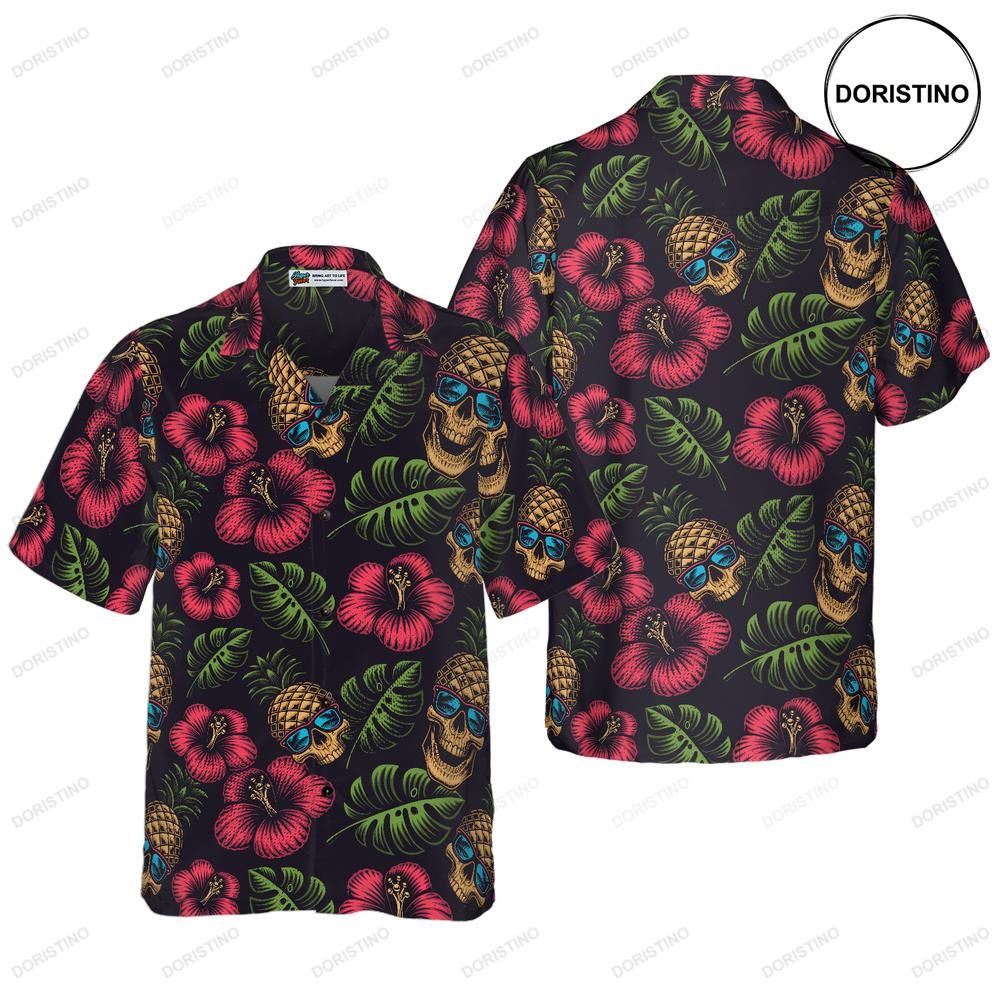 Pineapple Skull Tropical Flowers Black Limited Edition Hawaiian Shirt