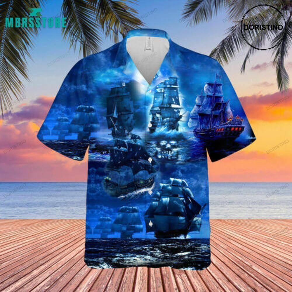 Pirate Ship Under The Rom Tic Moonlight Pirates Print Short Sleeve Pirate Button Up Hawaiian Shirt