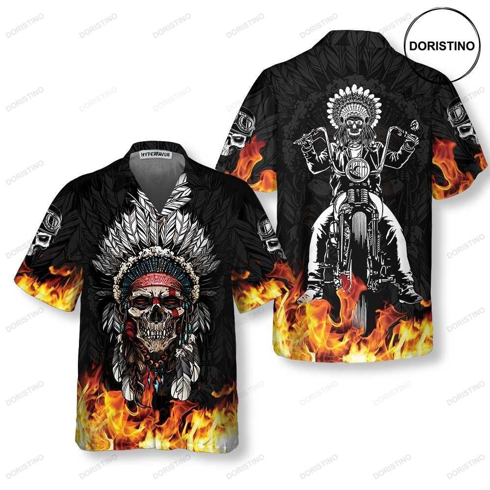 Racing Indian Skull Fire Flame Skull Biker Unique Native American Awesome Hawaiian Shirt
