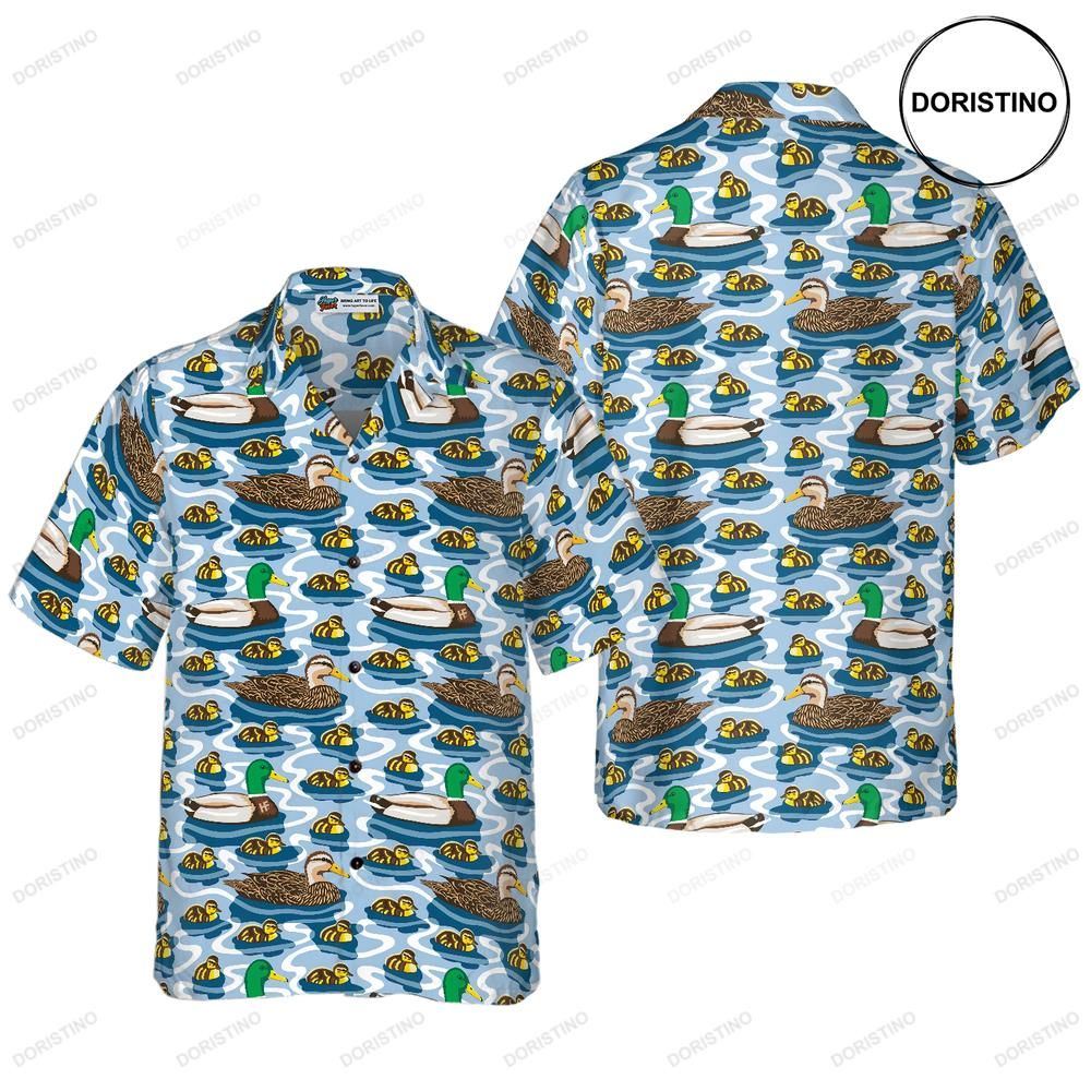 Rouen Duck Family Swimming Arctic Blue Pond Texture Hawaiian Shirt