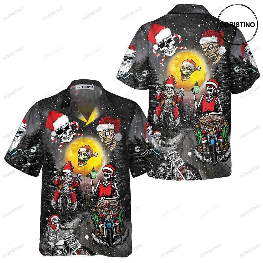 Santa Skeleton Merry Christmas Funny Motorcycle Skull Biker Christmas Gift For Awesome Hawaiian Shirt