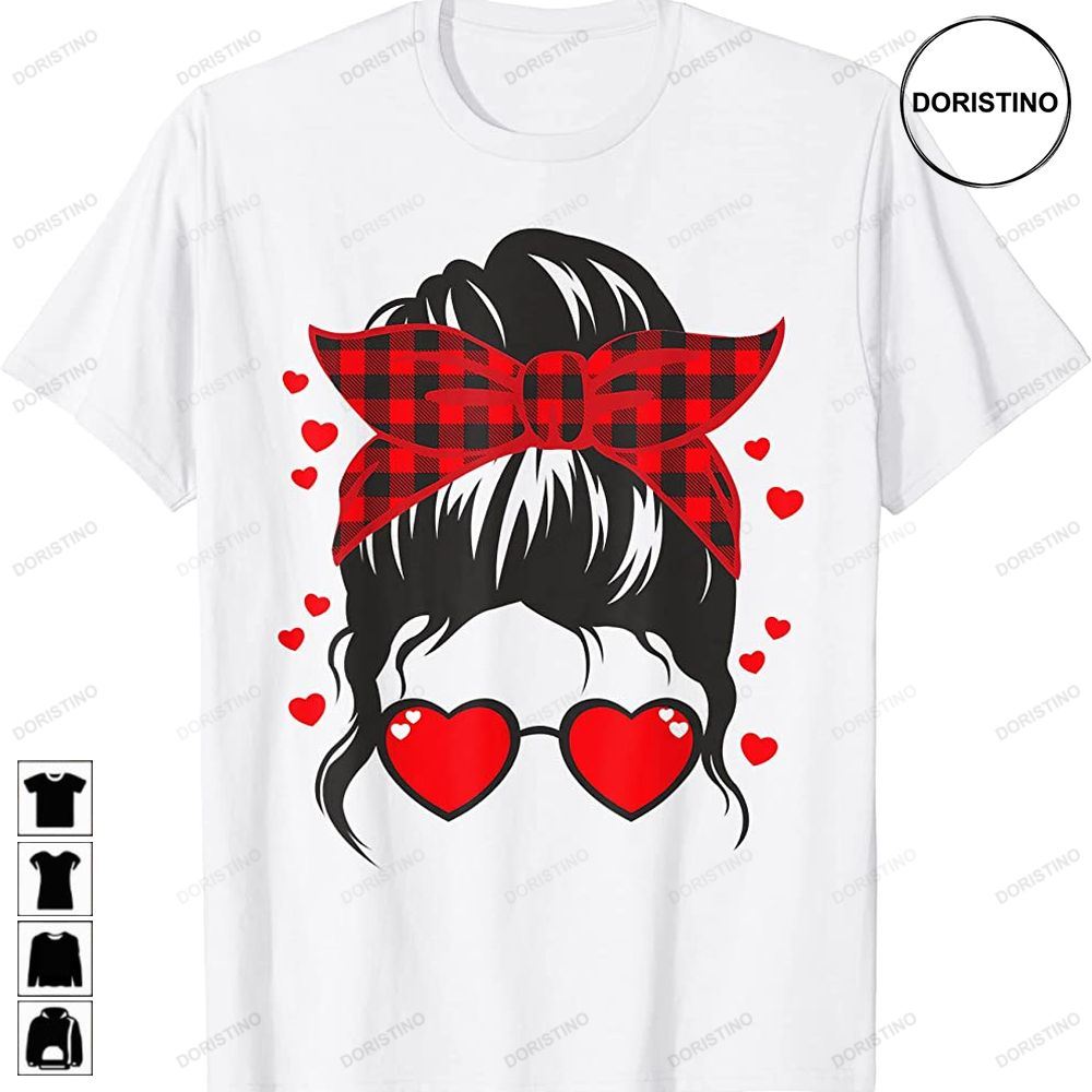Girl Messy Bun Buffalo Red Plaid Heart Valentines Day Couple Awesome Shirts