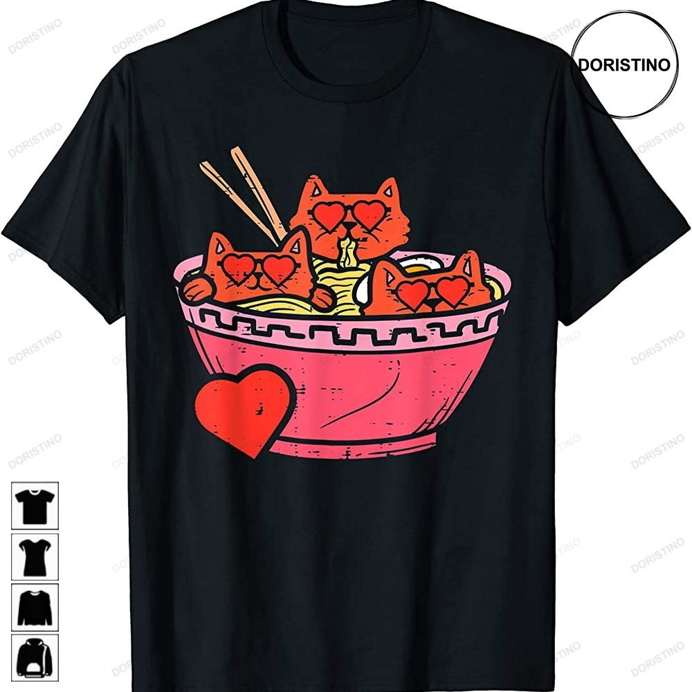 Heart Cats Ramen Noodles Anime Cute Valentines Day Kitten Limited Edition T-shirts