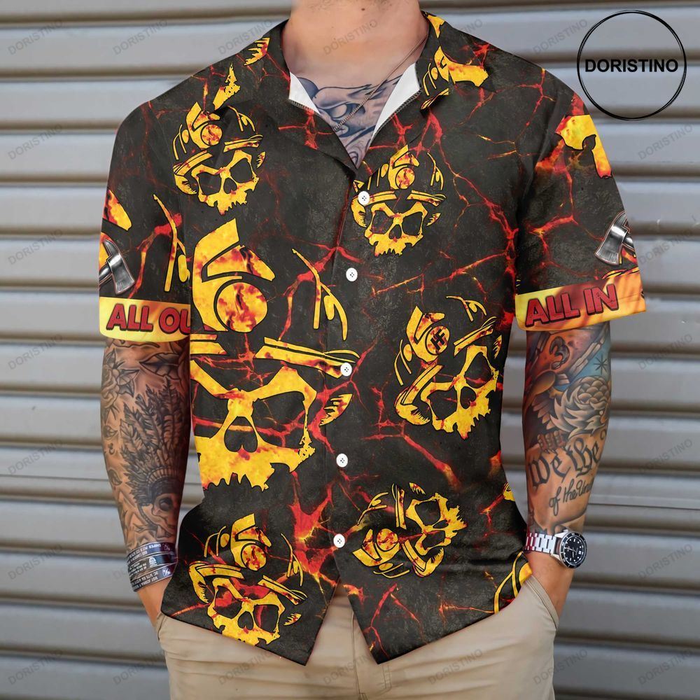 All In All Out Axe Firefighter Dark Red And Yellow Skull Firefighter For Men Awesome Hawaiian Shirt