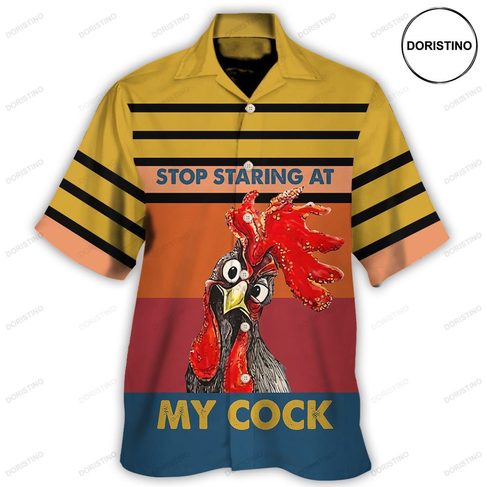 Chicken Rooster Stop Staring At My Cock Horizontal Stripes Hawaiian Shirt