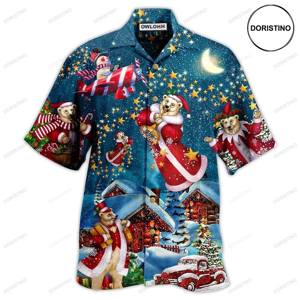 Christmas Bear Santa In The Night Awesome Hawaiian Shirt