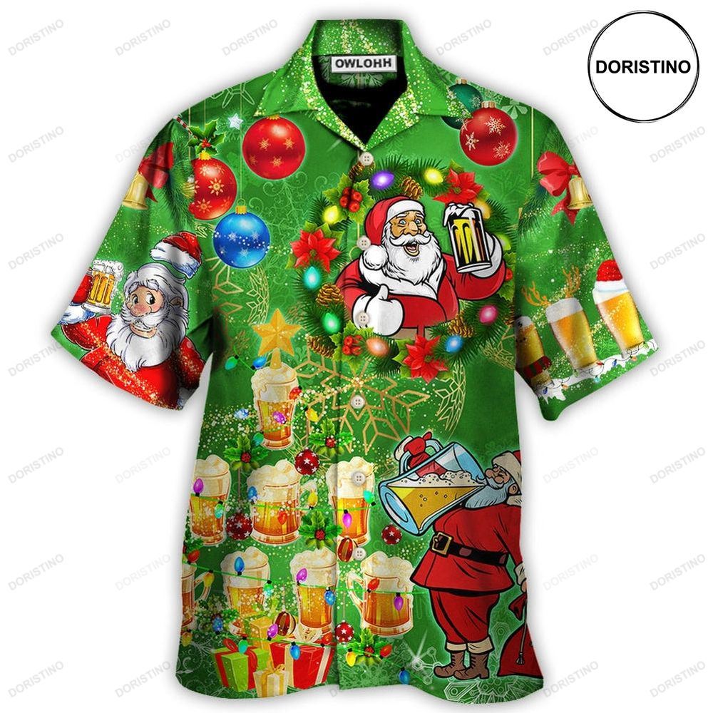 Christmas Funny Santa Claus Drinking Beer Happy Christmas Tree Green Light Awesome Hawaiian Shirt
