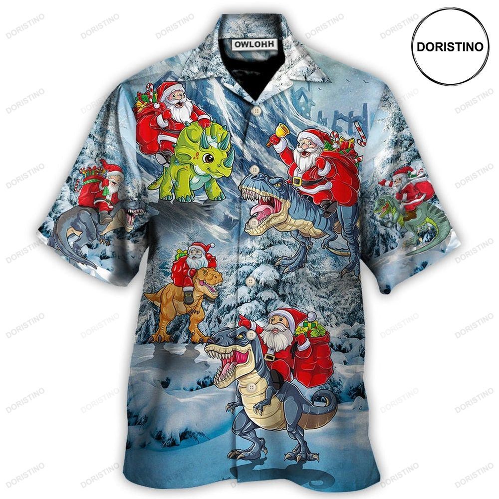 Christmas Santa Claus Riding Dinosaur Christmas Tree Gift Light Art Awesome Hawaiian Shirt