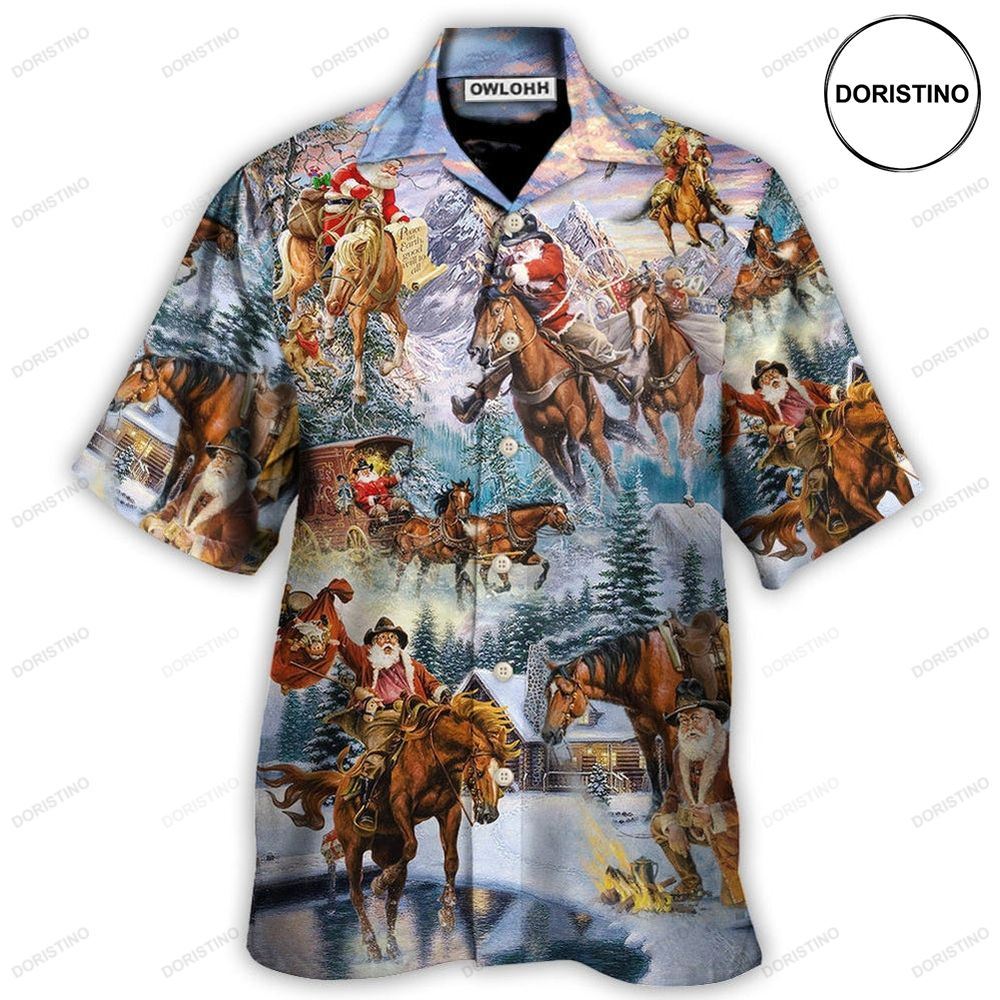 Christmas Santa Claus Riding Horse Snow Mountain Art Awesome Hawaiian Shirt