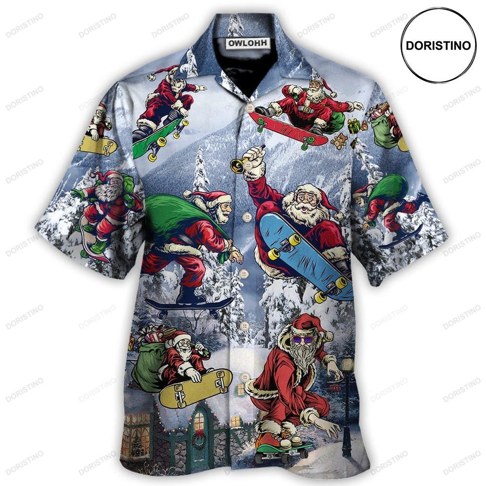 Christmas Santa Claus Skateboarding Snow Mountain Gift Light Art Awesome Hawaiian Shirt