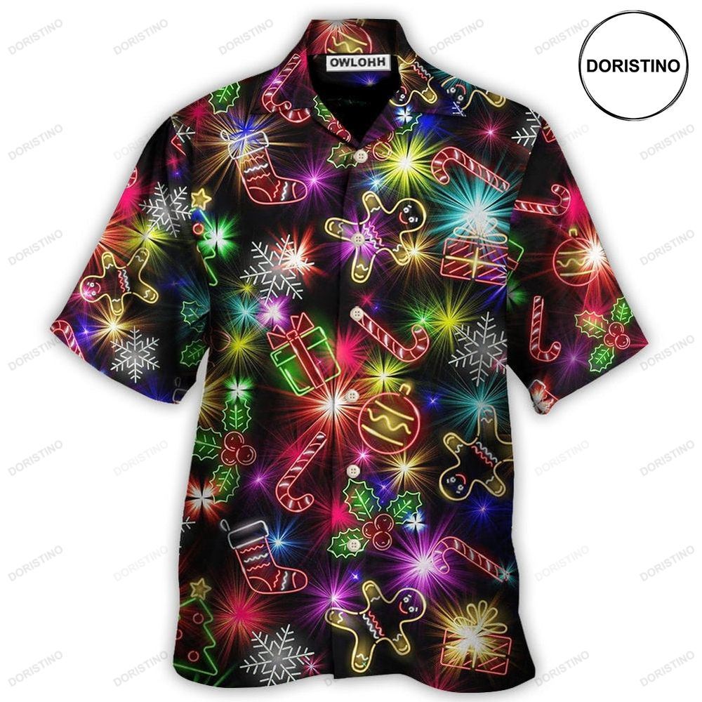 Christmas With Tree And Gift Cookies Gingerbread Man Neon Awesome Hawaiian Shirt