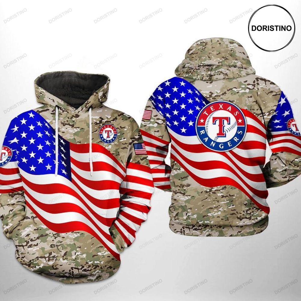 Texas Rangers Mlb Us Flag Camo Veteran Awesome 3D Hoodie