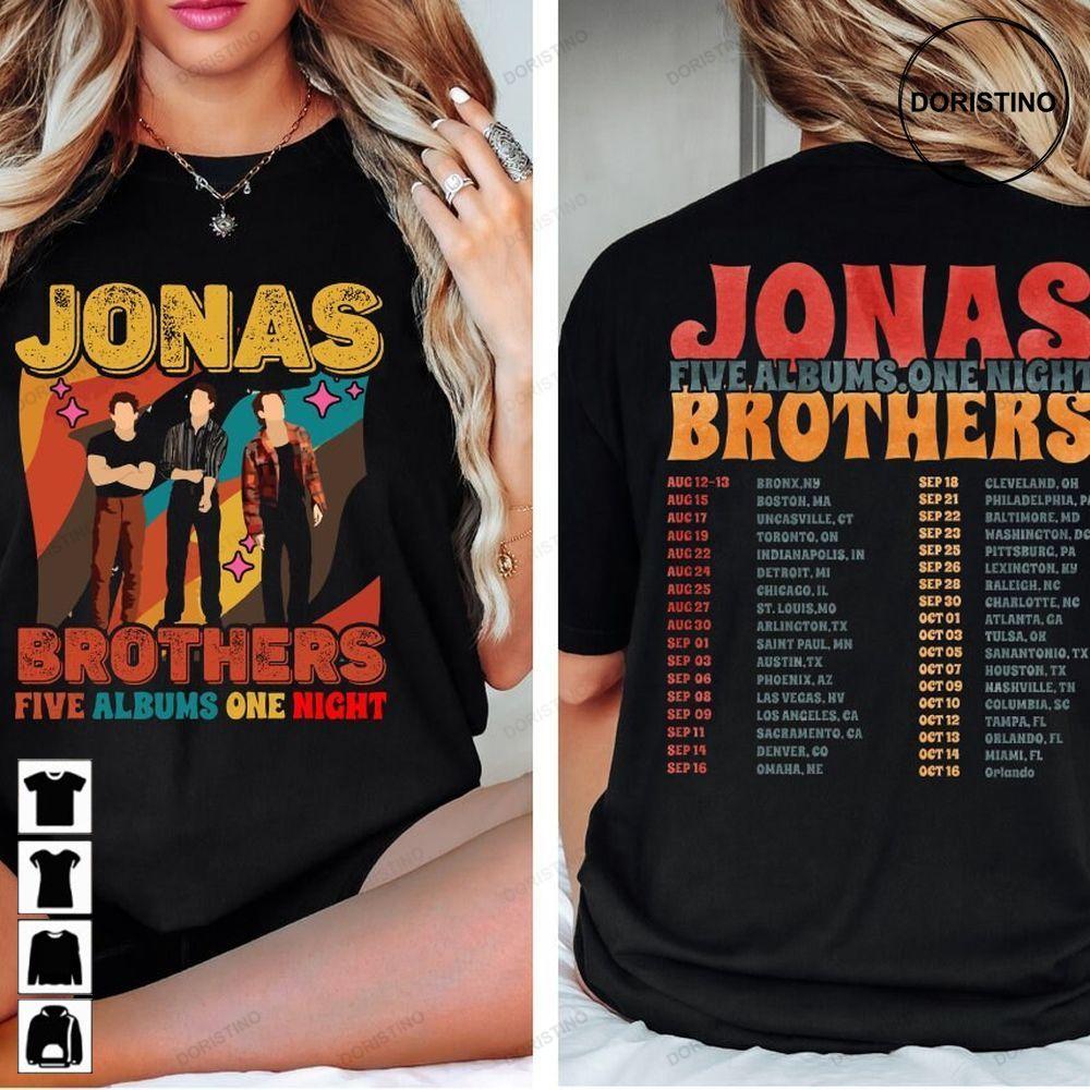 Vintage Jonas Brothers 2 Sided Five Albums One Night Tour Jonas Retro 90s 2023 Concert Double Sides Tshirt