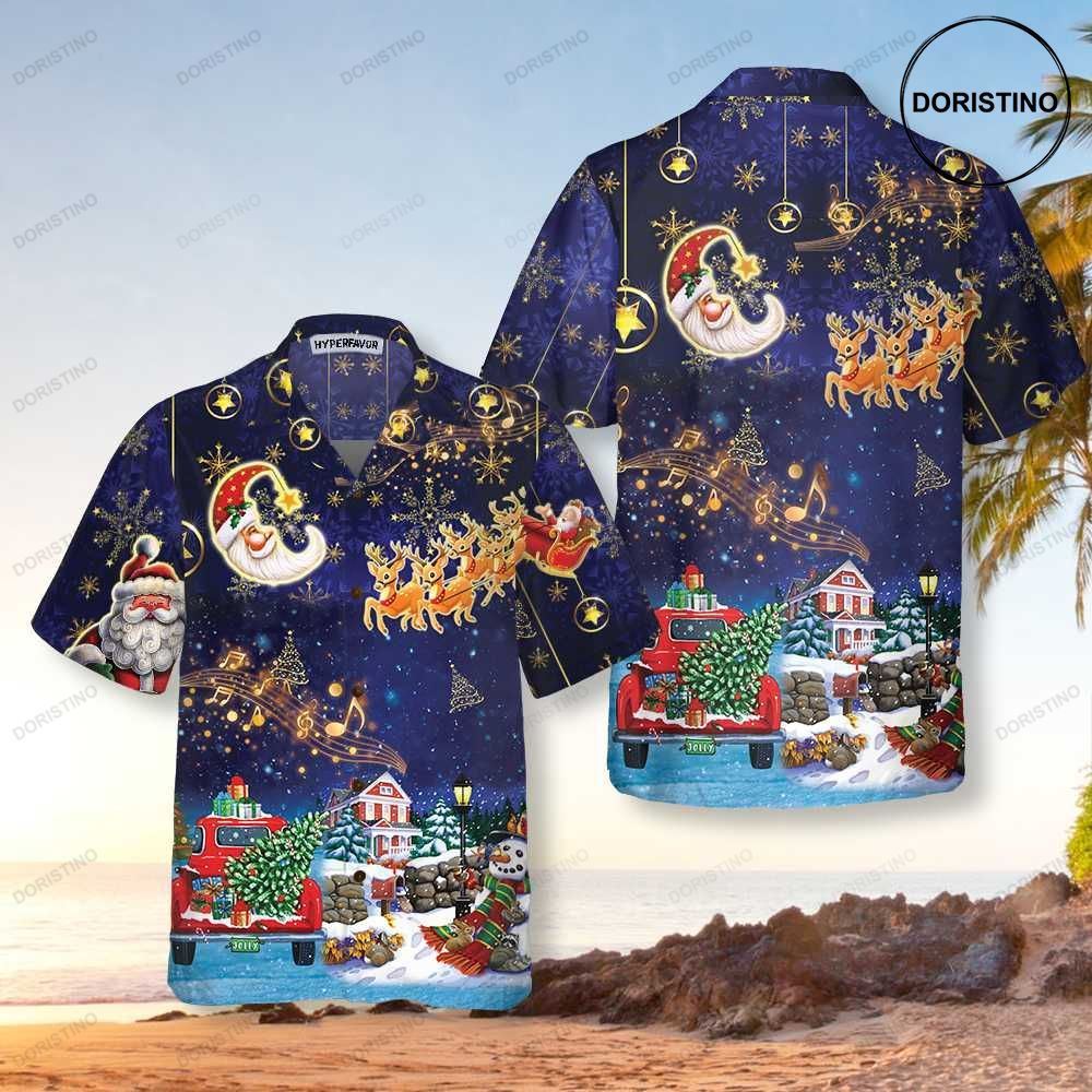 Funny Christmas Sky Santa Clause With Reindeers Funny Christmas Best Gift For C Awesome Hawaiian Shirt