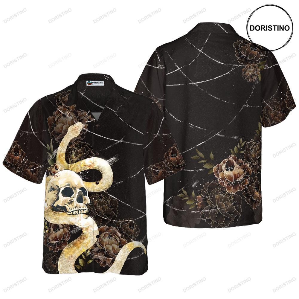 Gothic Skull With Snake For Men Black Peony Flowers Goth Hawaiian Shirt