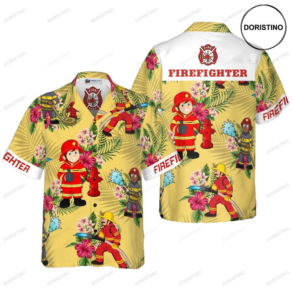 Graphic Proud Firefighter Cream Tropical Floral Firefighter For Men Hawaiian Shirt