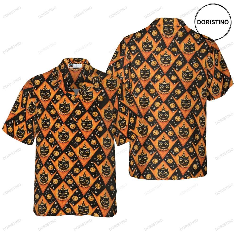 Grinning Black Cats Halloween For Men Black And Pumpkin Orange Harlequin Pattern Hawa Hawaiian Shirt
