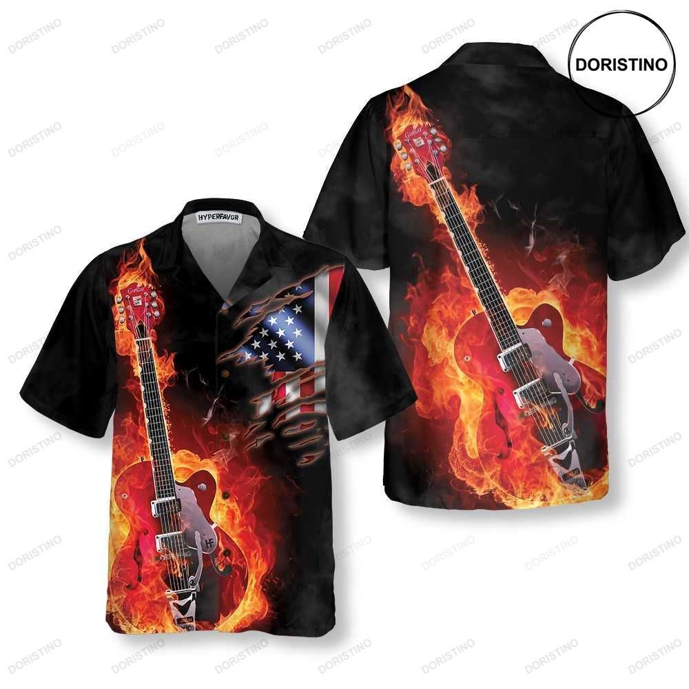 Guitar On Fire American Flag Fire Guitar Hawaiian Shirt