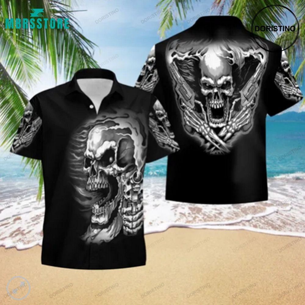Guns For Skull Lover Halloween Party Summer Vacation Skull Button Down Hawaiian Shirt