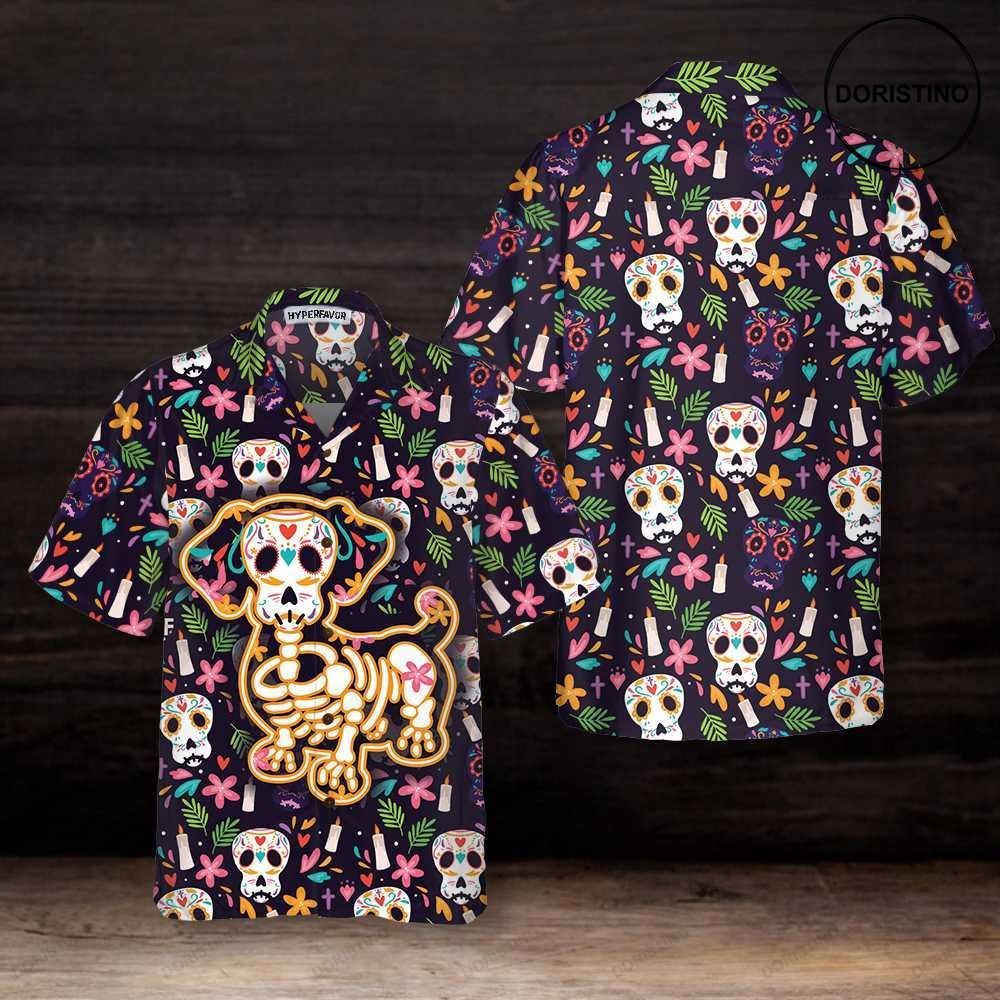 Halloween Gift Bone Skull Dog With Mexico Pattern Funny Sugar Skull Dachshund Hawaiian Shirt