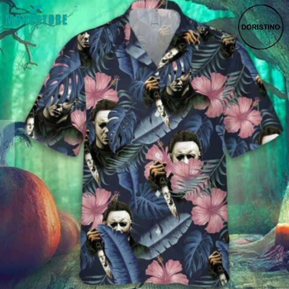 Halloween Michael Myers With Knife Tropical Horror Halloween Button Awesome Hawaiian Shirt