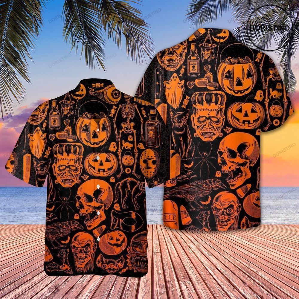 Halloween Skull Pumpkin Lantern Black Cat Skeleton Awesome Hawaiian Shirt