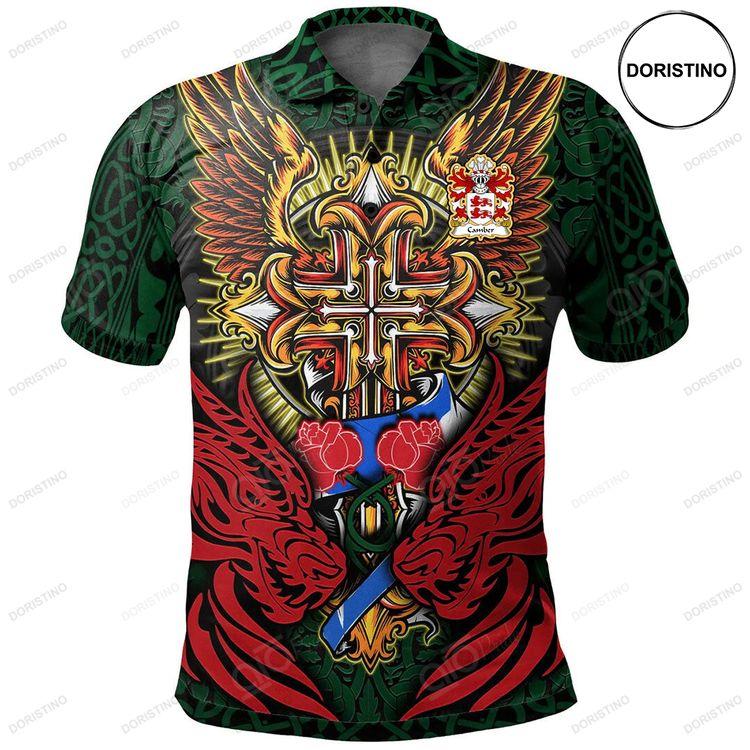 Camber Ap Brutus Welsh Family Crest Polo Shirt Red Dragon Duo Celtic Cross Doristino Awesome Polo Shirt