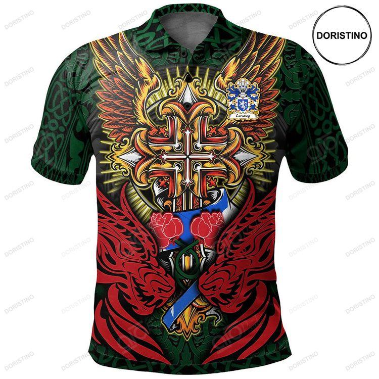 Caradog Freichfras Earl Of Hereford Welsh Family Crest Polo Shirt Red Dragon Duo Celtic Cross Doristino Awesome Polo Shirt