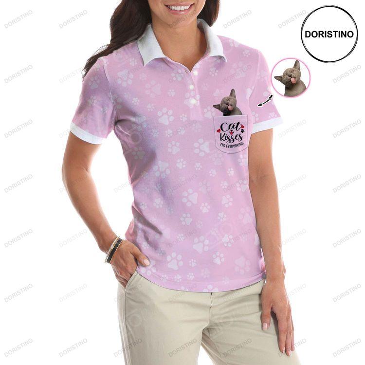 Cat Kisses Fix Everything Short Sleeve Women Polo Shirt Cat Polo Shirt For Women Pink Cat Mom Shirt Doristino Polo Shirt