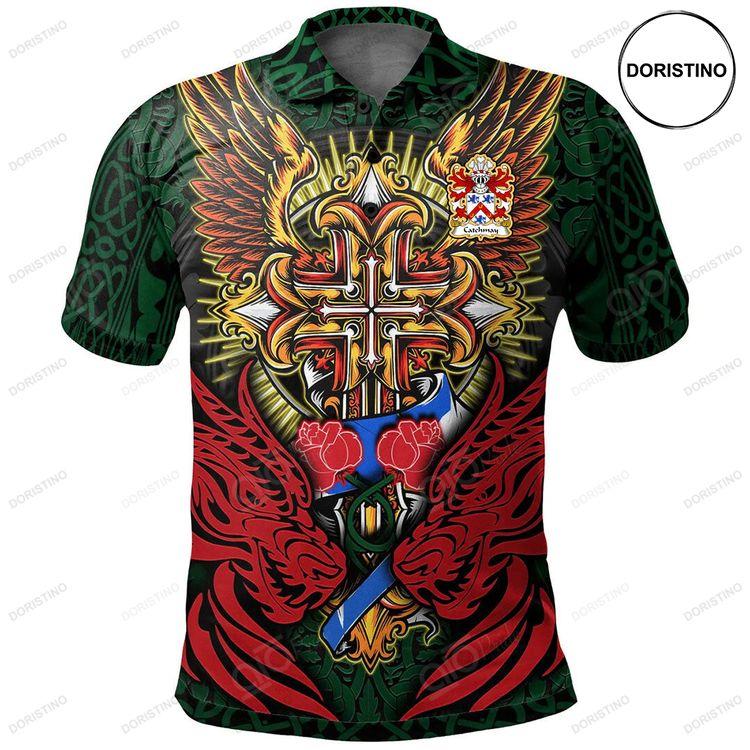 Catchmay Of Monmouthshire Welsh Family Crest Polo Shirt Red Dragon Duo Celtic Cross Doristino Polo Shirt