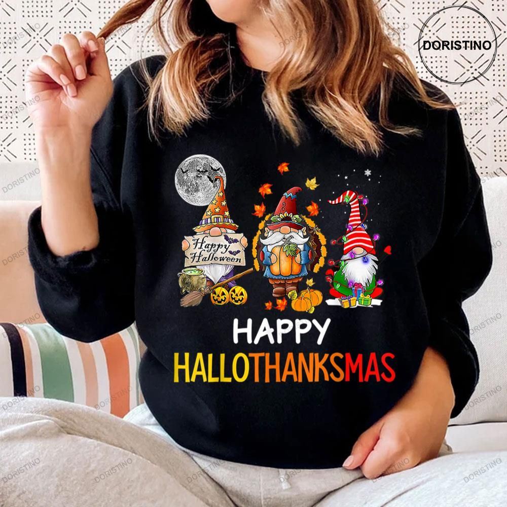 Funy Happy Hallothanksmas Gnomes Halloween Christmas Thanksgiving Shirt