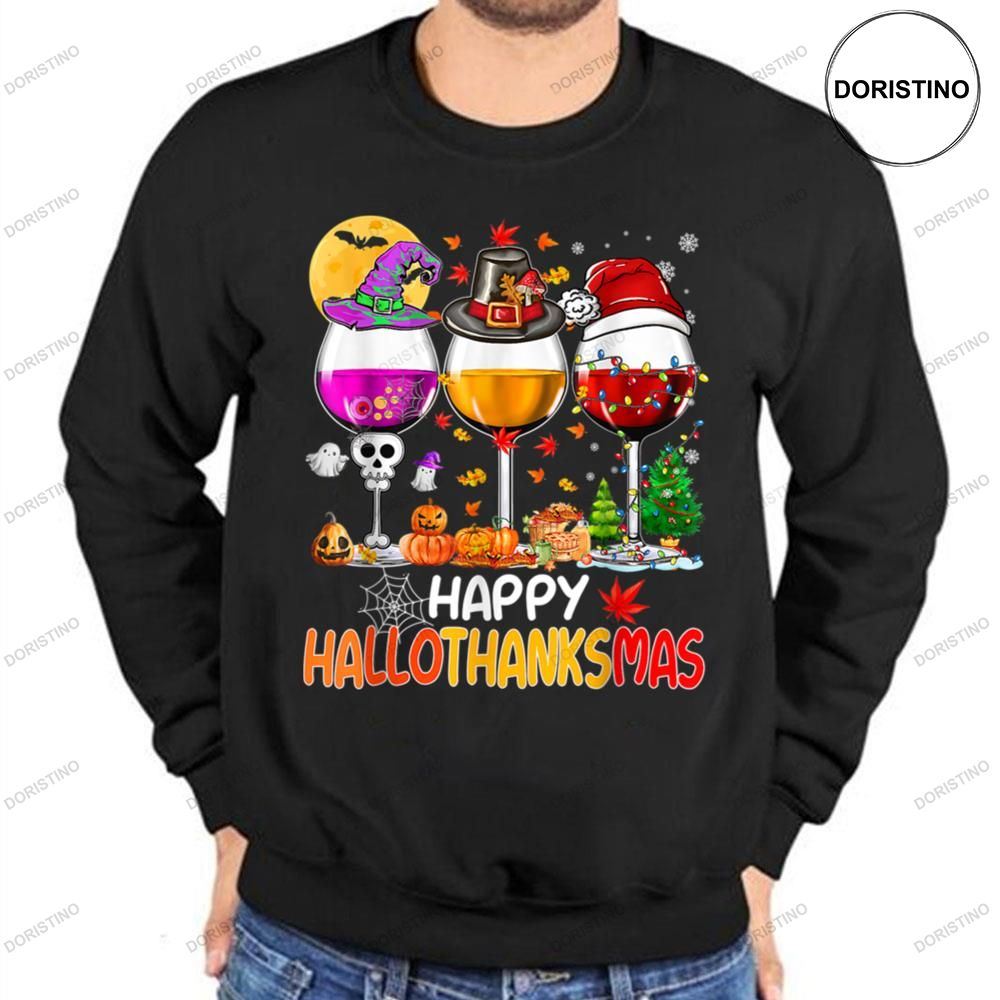 Happy Hallothanksmas Wine Glasses Witch Santa Hat Pumpkin Shirts