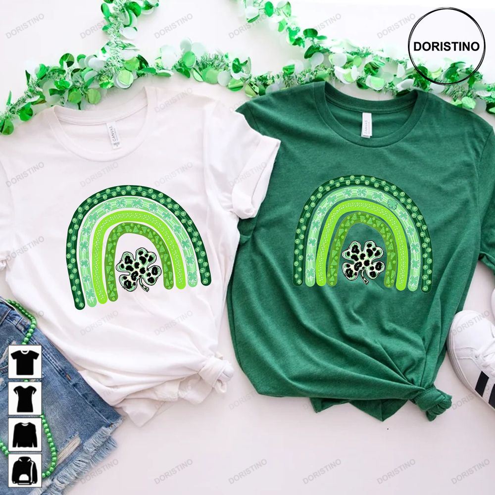 Shamrock Leopard Rainbow St Patrick's Day Vintage St Patricks Day Cute St Paddys Tee Gift For Bff Gift For Her Trending Style