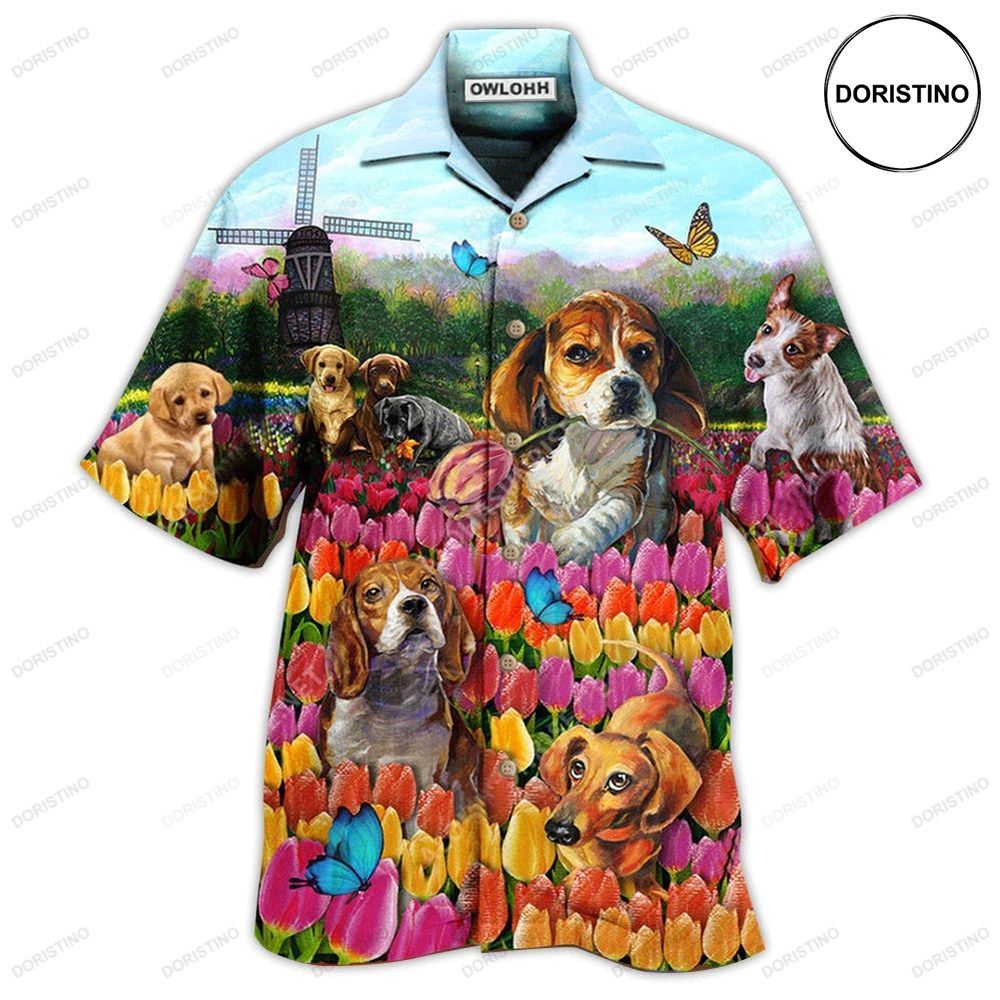 Dogs Lovely Romantic Tulip Garden Awesome Hawaiian Shirt