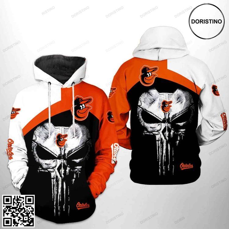 Baltimore Orioles Mlb Skull Punisher Zipper Awesome 3D Hoodie