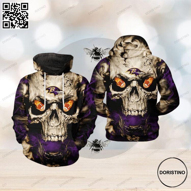 Baltimore Ravens Nfl Skull Team 3d Printed All Over Print Hoodie