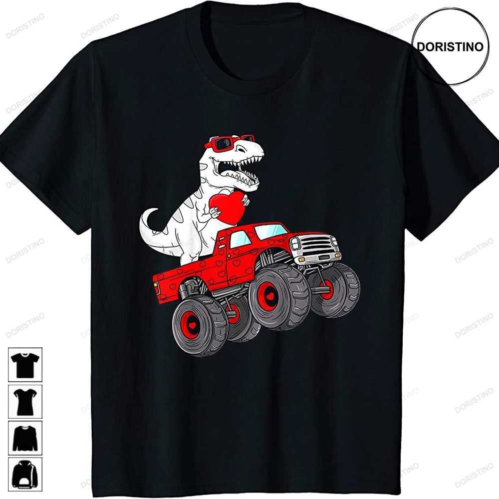 Kids Valentines Day T Rex Riding Monster Truck Funny Toddler Boys Awesome Shirts