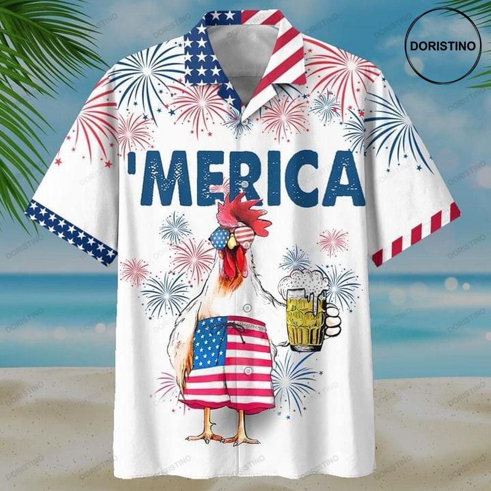 American Flag Rooster Drink Beer Print Limited Edition Hawaiian Shirt