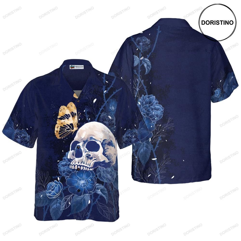 Artistic Gothic Skull With Butterfly For Men Blue Peony Flowers Goth Hawaiian Shirt