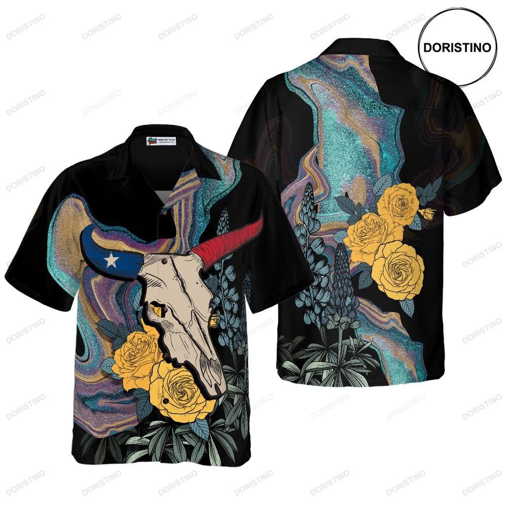 Artistic Longhorn Skull Texas For Men Black Royal Gold Rose Bluebonnet Proud Te Awesome Hawaiian Shirt