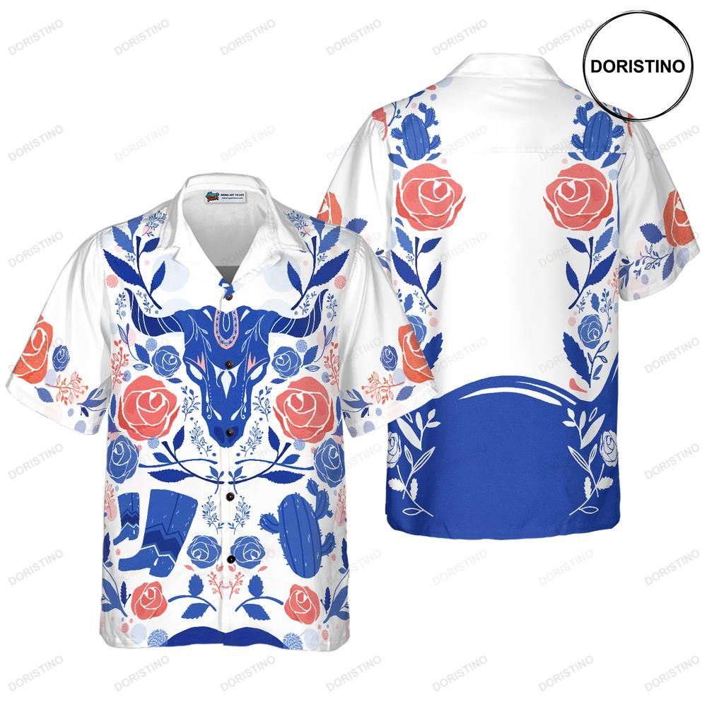 Artistic Longhorn Skull Texas For Men White Blue Shir For Texans Texas Lovers Awesome Hawaiian Shirt