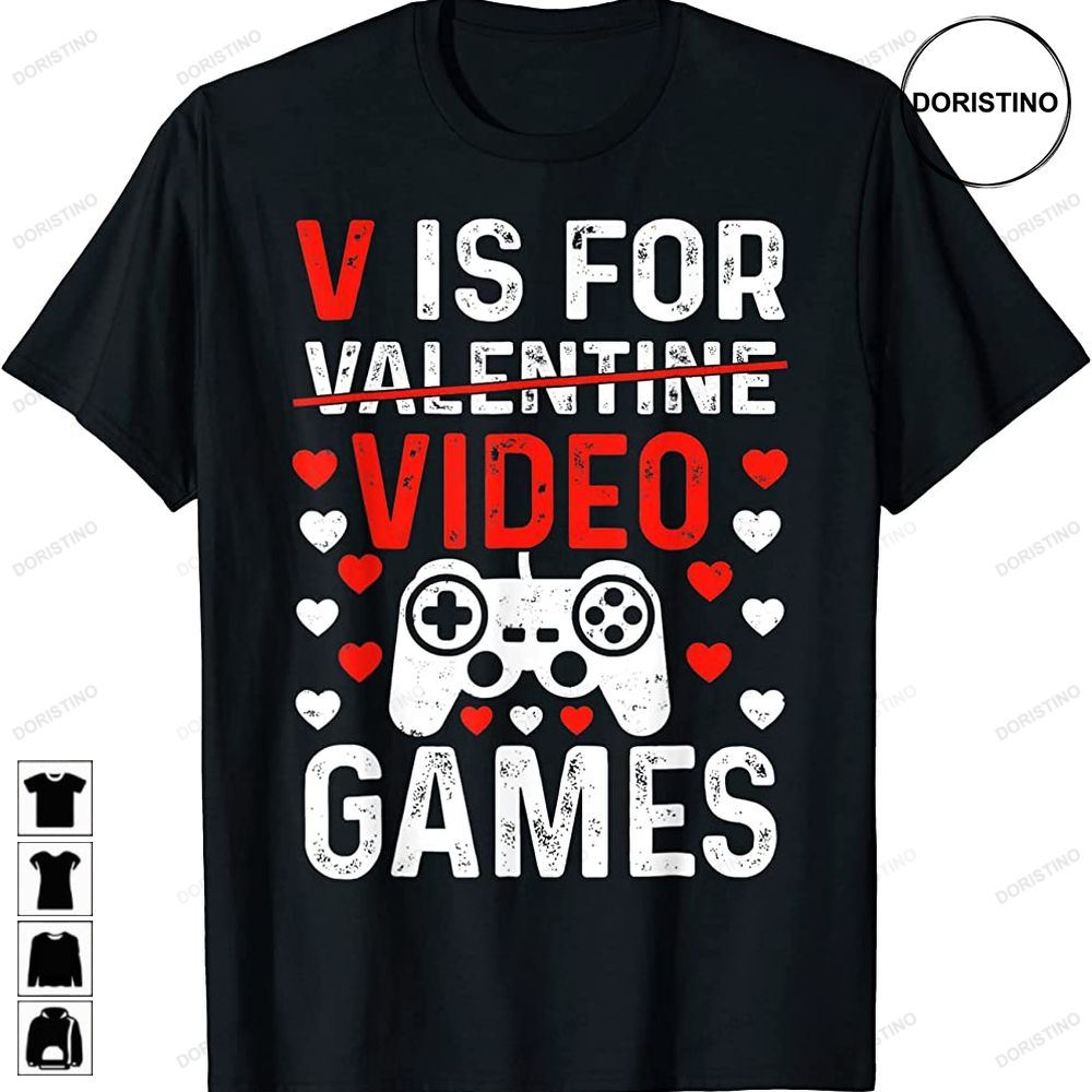 V Is For Video Games Valentines Day Hearts Boys Kids Gaming Awesome Shirts