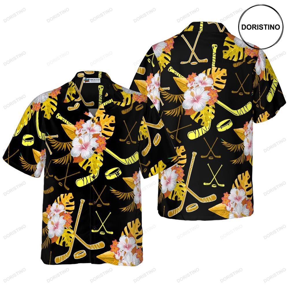 Hockey Tropical Black Yellow Hawaiian Shirt