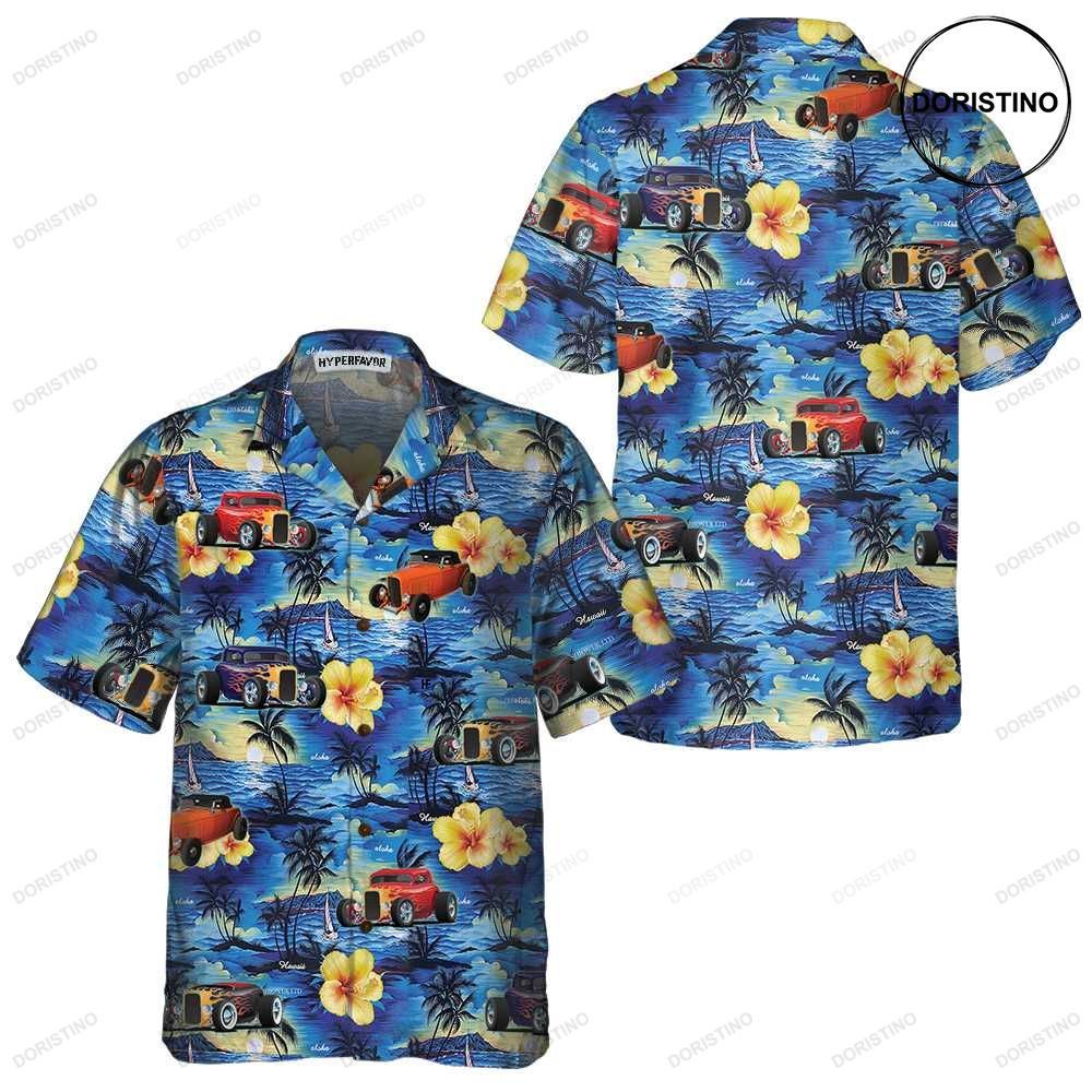 Hod Rod And Tropical Hibiscus Pattern Cool Hot Rod For Men Awesome Hawaiian Shirt