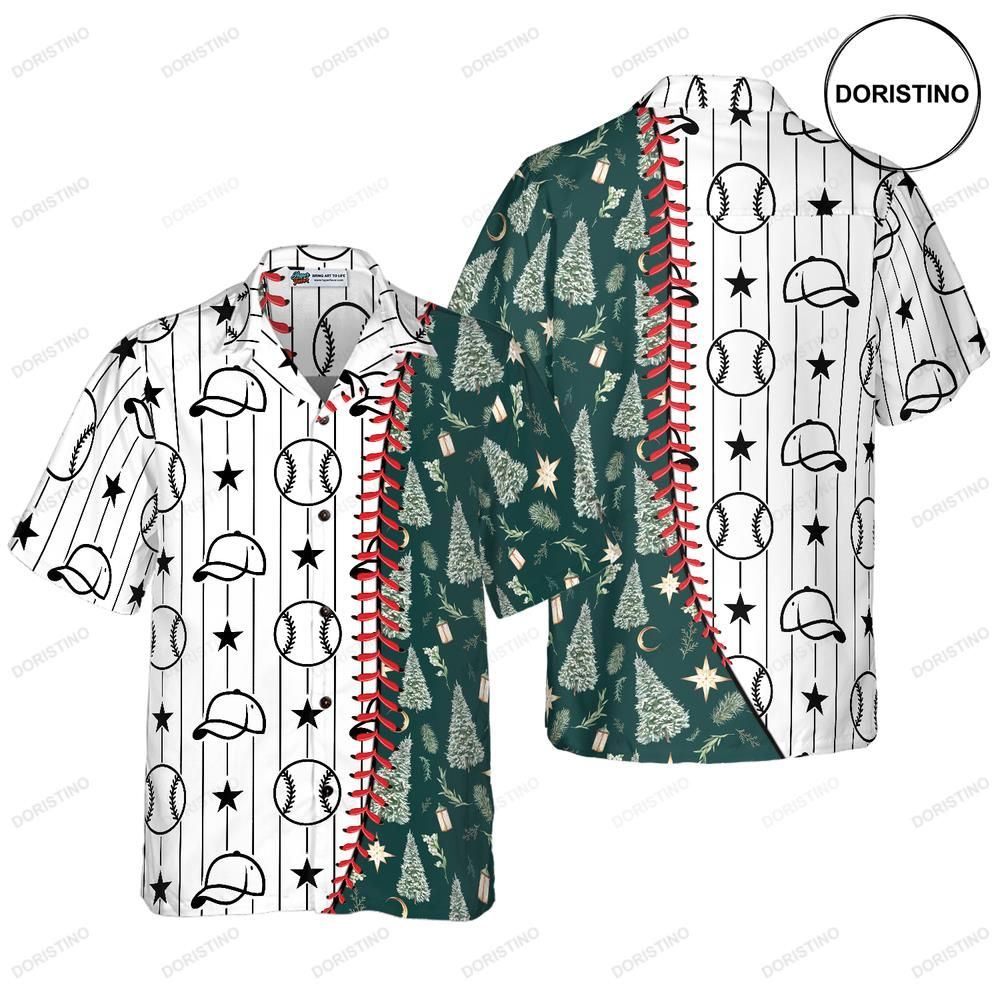 Hyperfavor Christmas Baseball Pattern Short Sleeve Christmas Idea Gift F Awesome Hawaiian Shirt